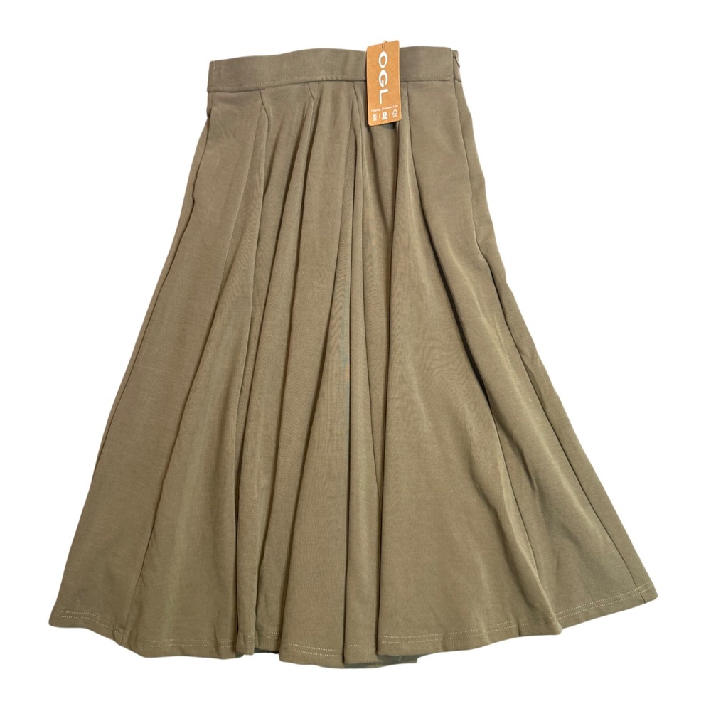 OGL Pleated Midi Volume Skirt Womens S Green Ribbed Pockets Office Capsule NEW